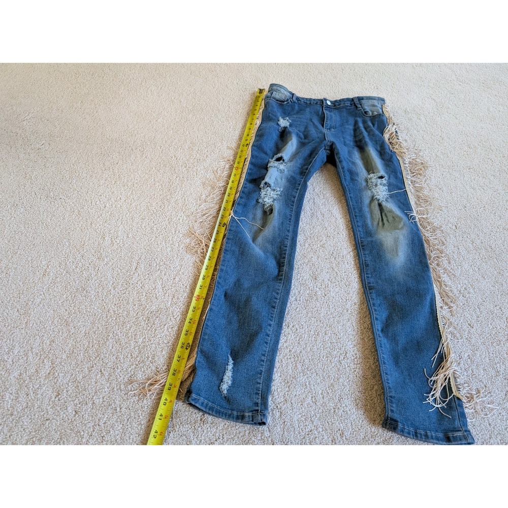 Mundefeis Womens Denim Fringe Boho Jeans XL Blue Distressed Straight Leg - Picture 9 of 14
